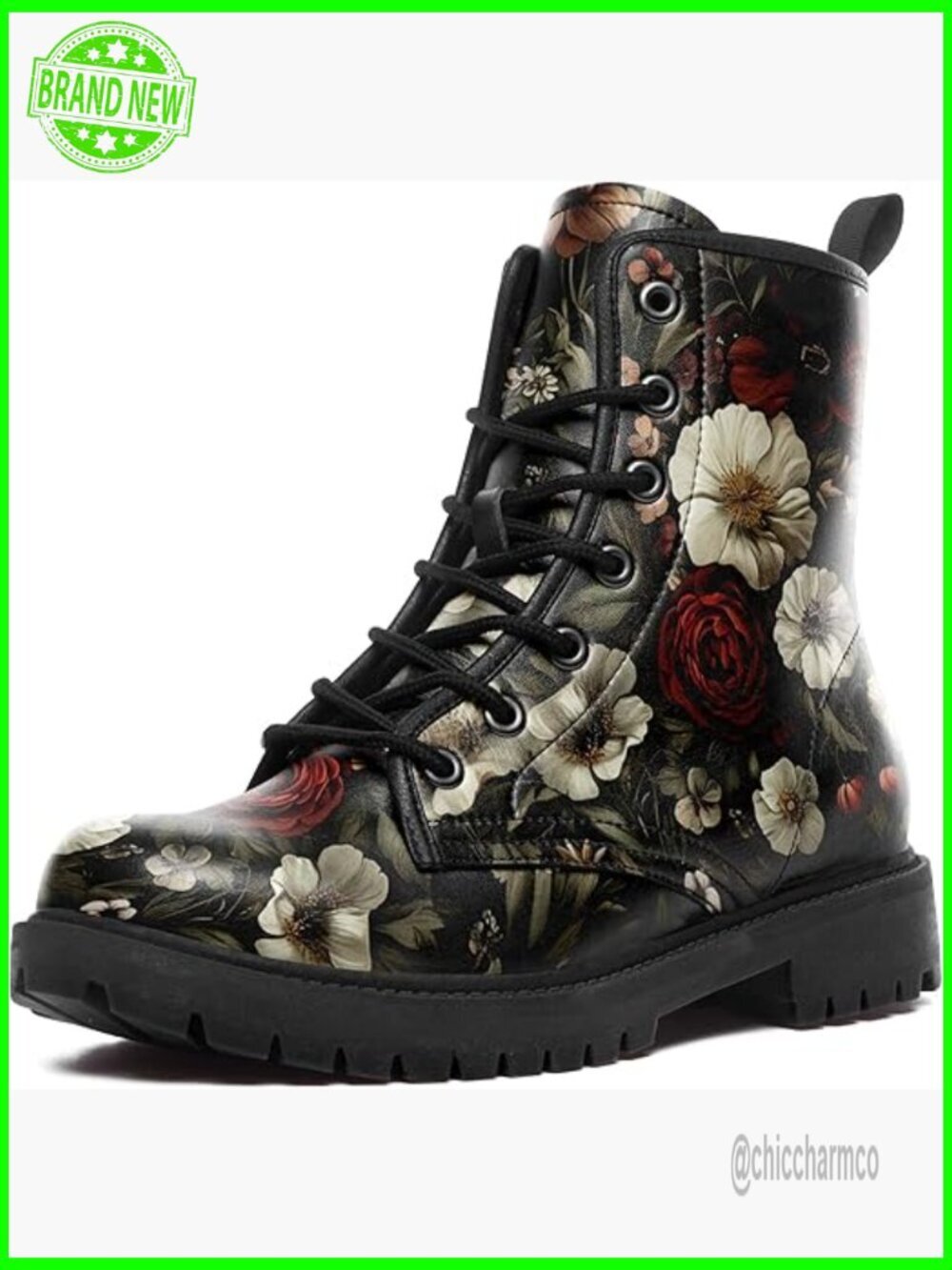 Vintage Floral Combat Boots, Lace-Up Platform Ankle Booties Microfiber